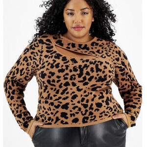 BAR III Plus Size Zebra Jacquard Diagonal Cutout Sweater Leopard Luxury 3X